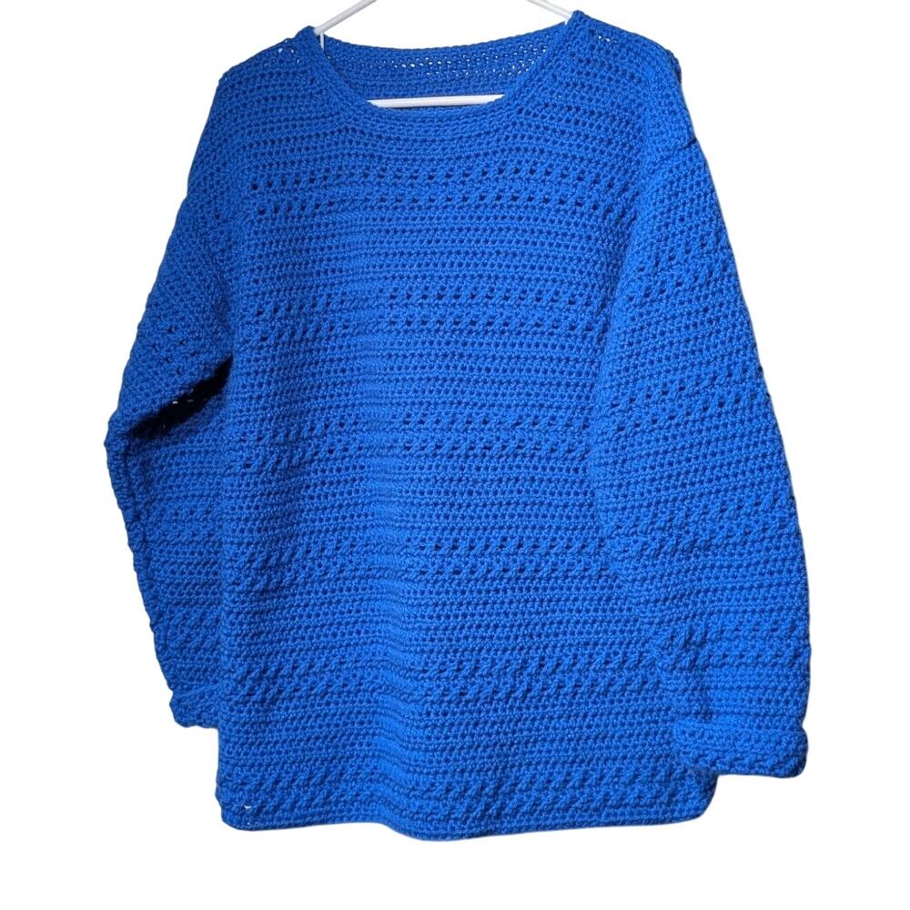 Hand Made Crocheted Loose Knit Nautical Blue Crew Neck Sweater Size Approx. L